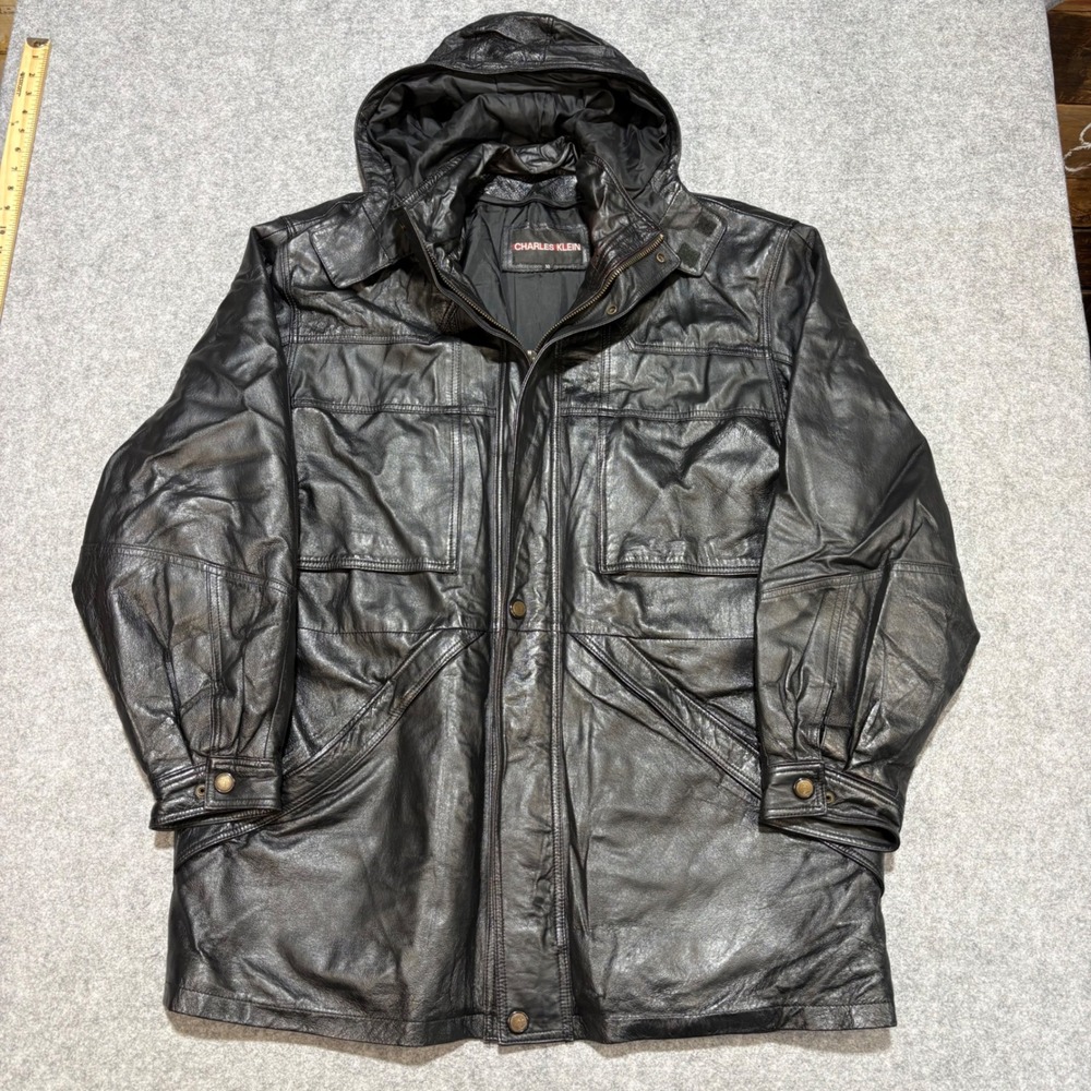 Charles Klein Mens Black Leather Parka Jacket Detachable Hood Size XL